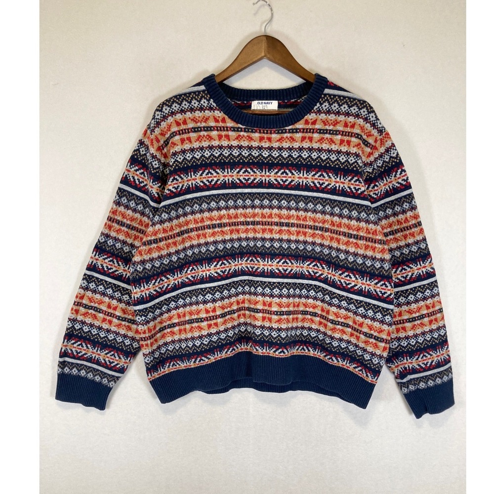 Fair Isle Cabincore‎ Old Navy Womens XL Navy Orange Knit Crewneck Sweater